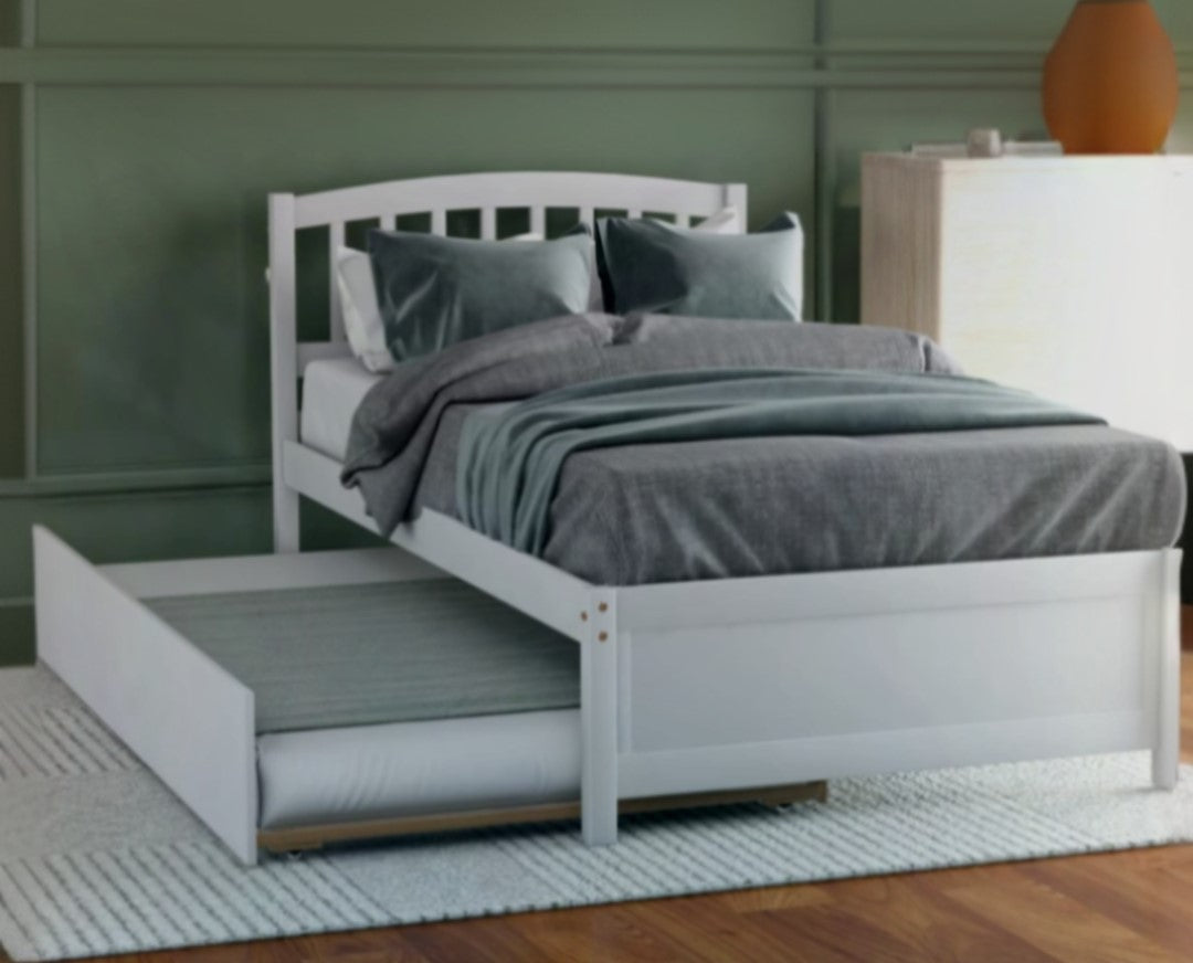 White Wood Twin Bed Frame with Trundle