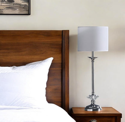 26" Silver Metal And Faux Crystal Table Lamp With White Cylinder Shade