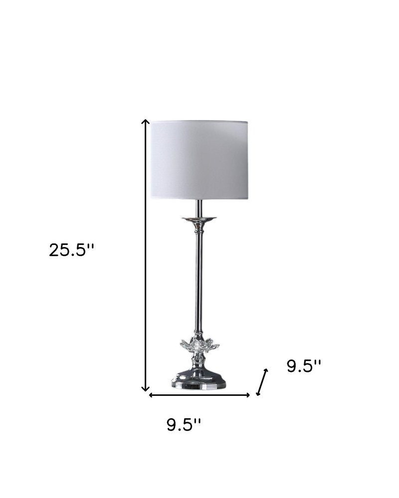 26" Silver Metal And Faux Crystal Table Lamp With White Cylinder Shade