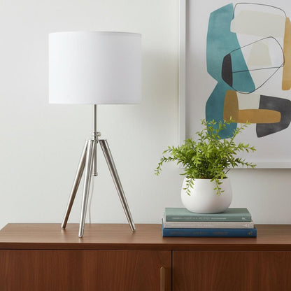 34" Silver Metal Adjustable Tripod Table Lamp With White Round Shade