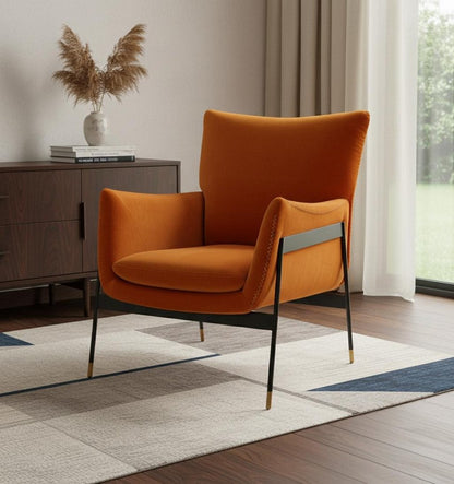 26" Orange And Black Velvet Wingback Chair