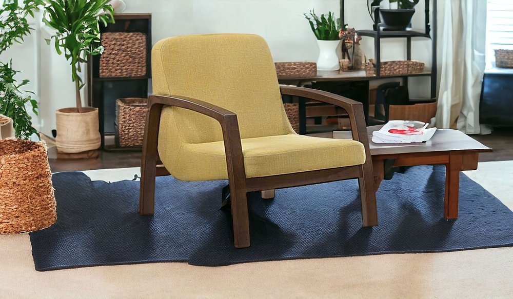 26" Yellow And Brown Linen Arm Chair