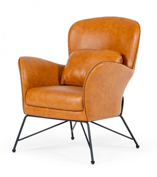 28" Brown And Black Faux Leather Arm Chair And Toss Pillow