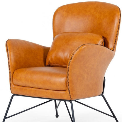 28" Brown And Black Faux Leather Arm Chair And Toss Pillow