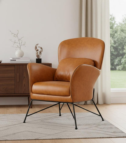 28" Brown And Black Faux Leather Arm Chair And Toss Pillow