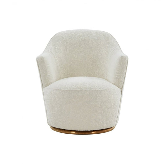 29" White And Gold Upholstered Swivel Barrel Chair