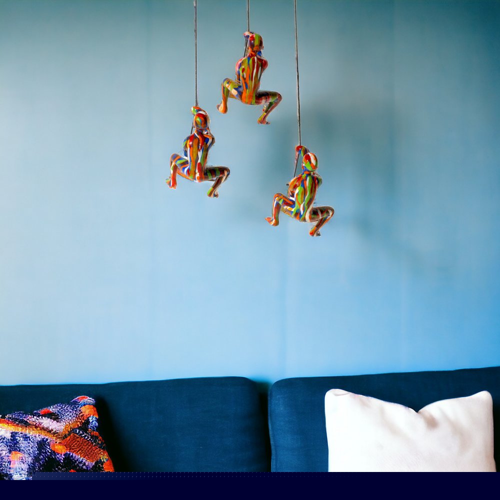 Set of Three Rainbow People Resin Climbing Man Hanging Dimensional Sculpture