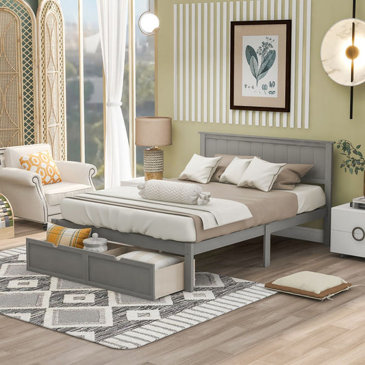 Gray Ribbed Texture Wood Full Bed Frame With Two Drawers