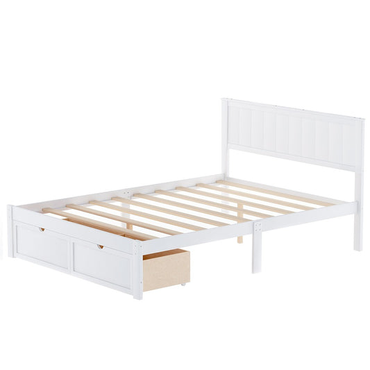 White Ribbed Texture Wood Full With Two Drawers Bed Frame
