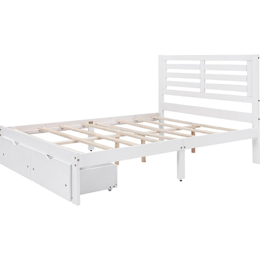 White Wood Full With Two Drawers Bed Frame