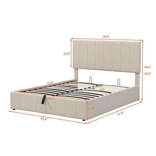 Beige Ribbed Texture Linen Blend Full Bed Frame