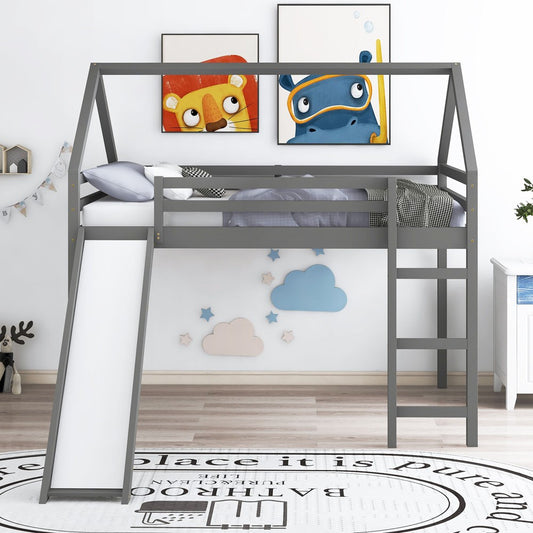 Gray Slat Solid Wood Bunk Bed with Stairs and Slide