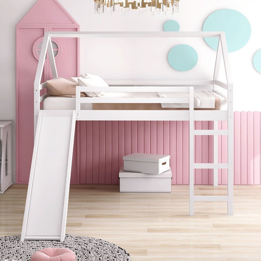 White Slat Solid Wood Bunk Bed with Stairs and Slide
