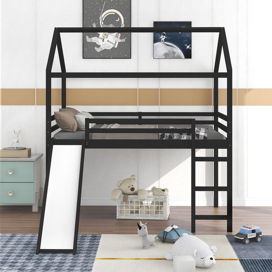 Espresso Slat Solid Wood Bunk Bed with Stairs and Slide