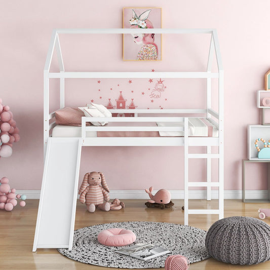 White Slat Solid Wood Bunk Bed with Stairs and Slide