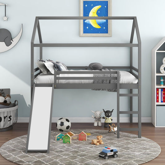 Gray Slat Solid Wood Bunk Bed with Stairs and Slide