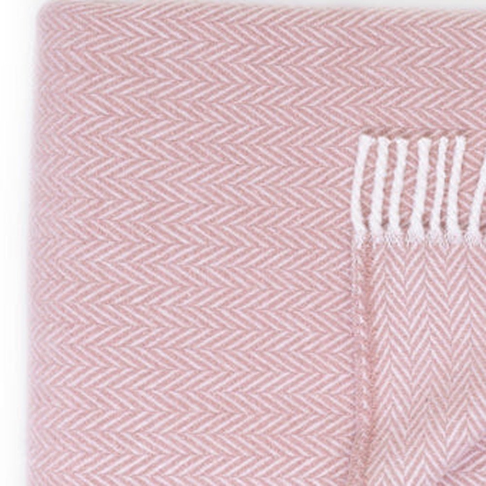 70" X 55" Pink And White Cotton Blend Woven Herringbone Plush Throw Blanket with Tassels