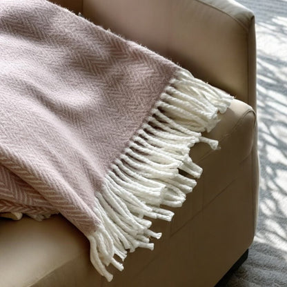 70" X 55" Pink And White Cotton Blend Woven Herringbone Plush Throw Blanket with Tassels