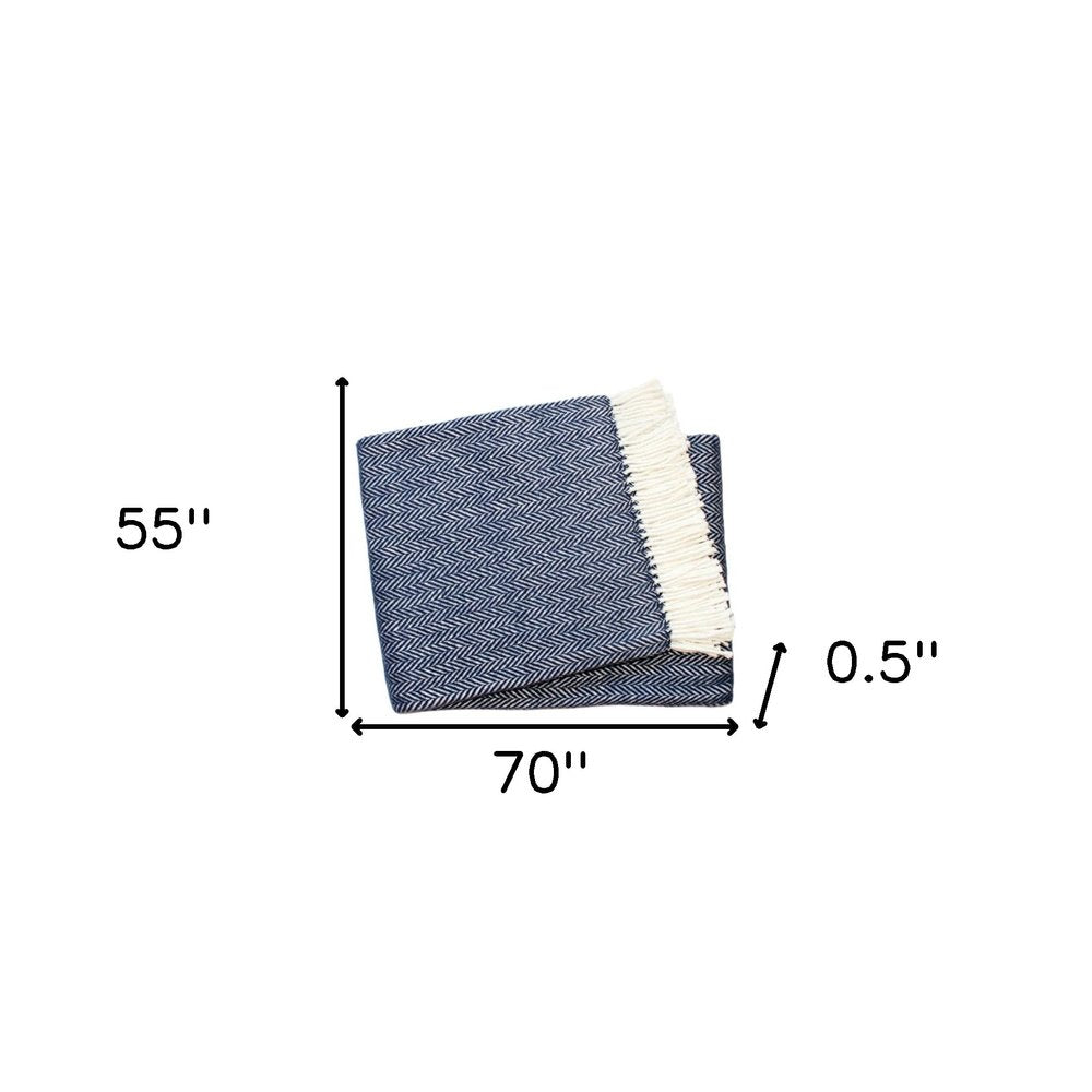 70" X 55" Navy Blue And White Cotton Blend Woven Herringbone Plush Throw Blanket with Tassels