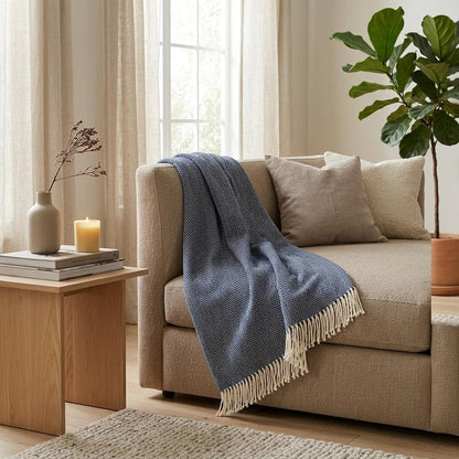 70" X 55" Navy Blue And White Cotton Blend Woven Herringbone Plush Throw Blanket with Tassels