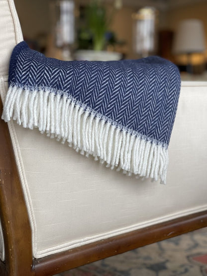 70" X 55" Navy Blue And White Cotton Blend Woven Herringbone Plush Throw Blanket with Tassels