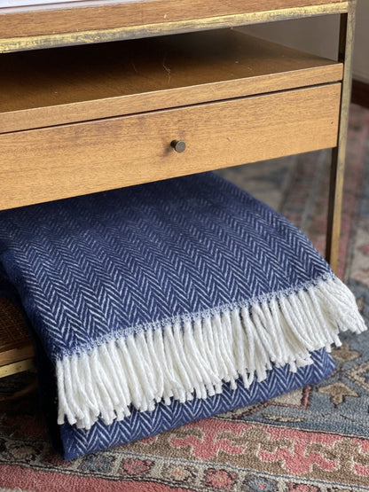 70" X 55" Navy Blue And White Cotton Blend Woven Herringbone Plush Throw Blanket with Tassels