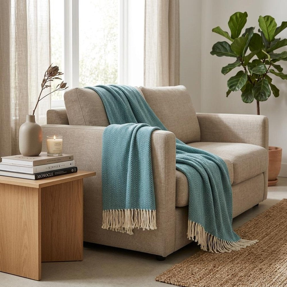 70" X 55" Teal Blue And White Cotton Blend Woven Herringbone Plush Throw Blanket with Tassels