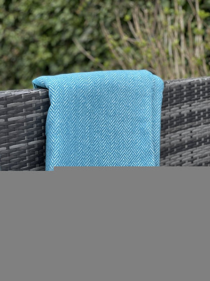 70" X 55" Teal Blue And White Cotton Blend Woven Herringbone Plush Throw Blanket with Tassels
