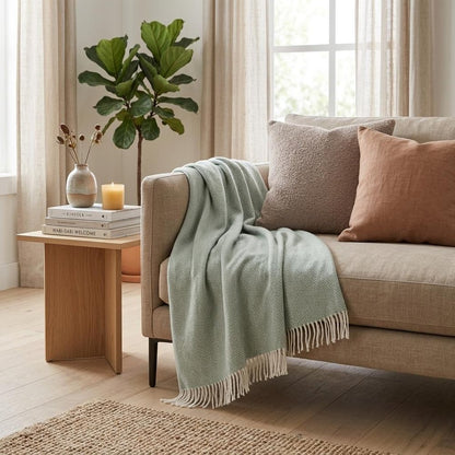 55" X 70" Sage and Ivory Woven Cotton Herringbone Plush Throw Blanket