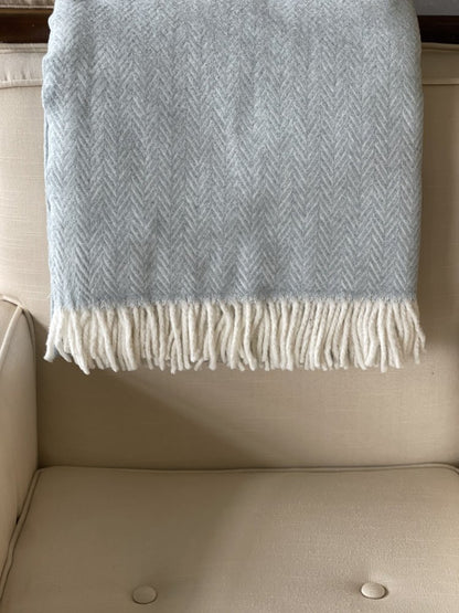 70" X 55" Sky Blue And White Cotton Blend Woven Herringbone Plush Throw Blanket with Tassels