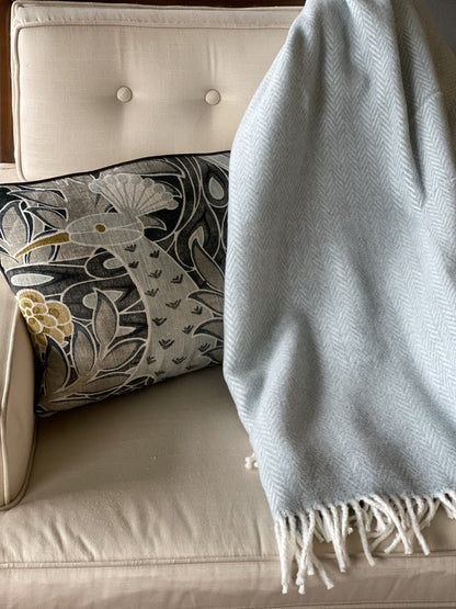 70" X 55" Sky Blue And White Cotton Blend Woven Herringbone Plush Throw Blanket with Tassels