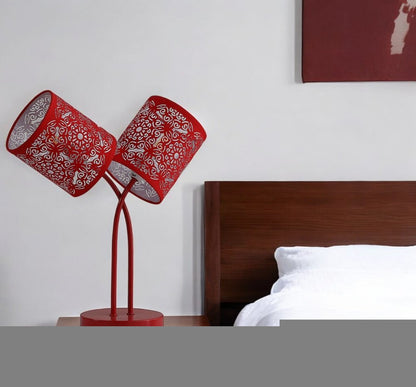 17" Red Metal Two Light Table Lamp With Red Abstract Drum Shade