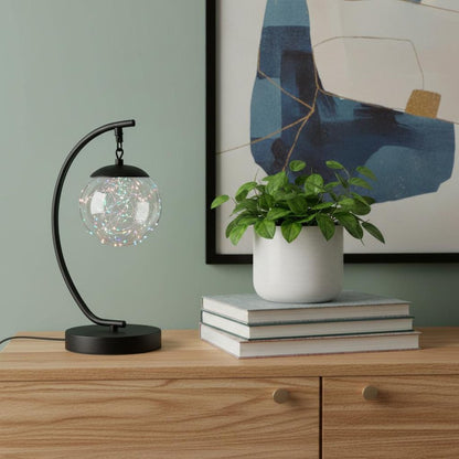 14" Matte Black Metal Arched Hanging Orb USB Table Lamp