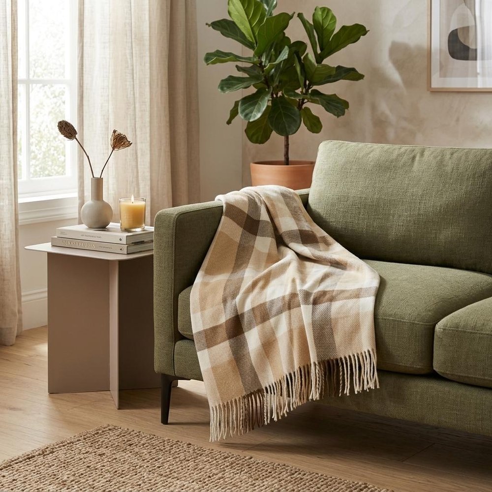 Plush Multi Beige Plaid Throw Blanket with Tassels