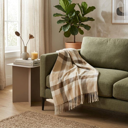 Plush Multi Beige Plaid Throw Blanket with Tassels