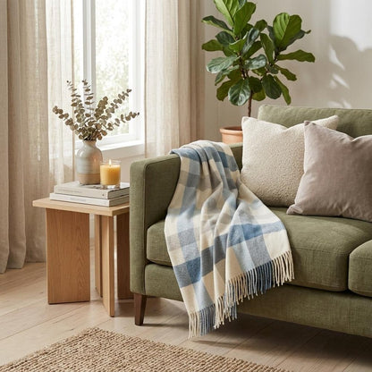 Plush Multi Blue Plaid Throw Blanket with Tassels