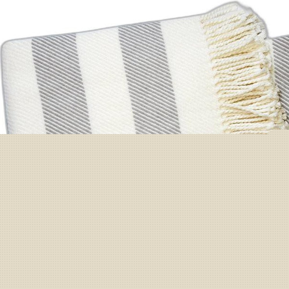 Cream and Gray Slanted Stripe Fringed Throw Blanket