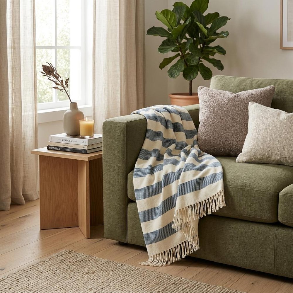 Cream and Slate Slanted Stripe Fringed Throw Blanket