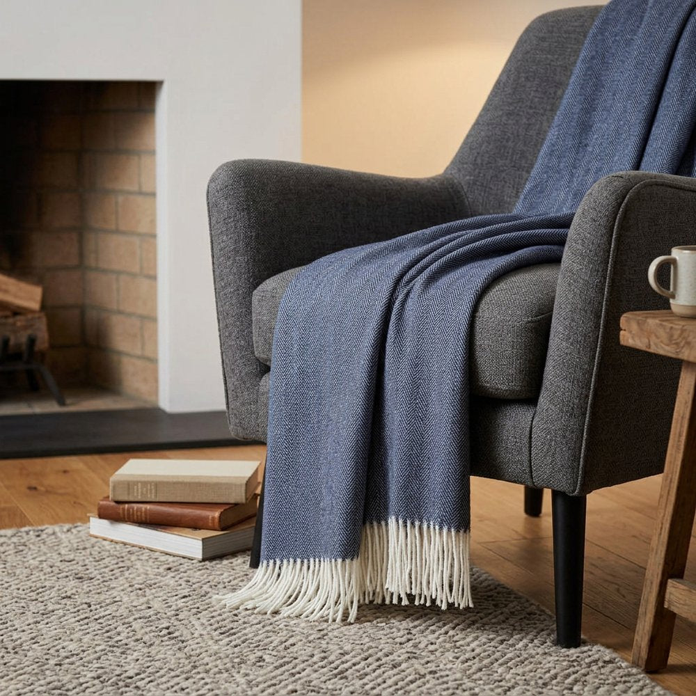 50" X 60" Navy Blue And White Woven Herringbone Plush Throw Blanket