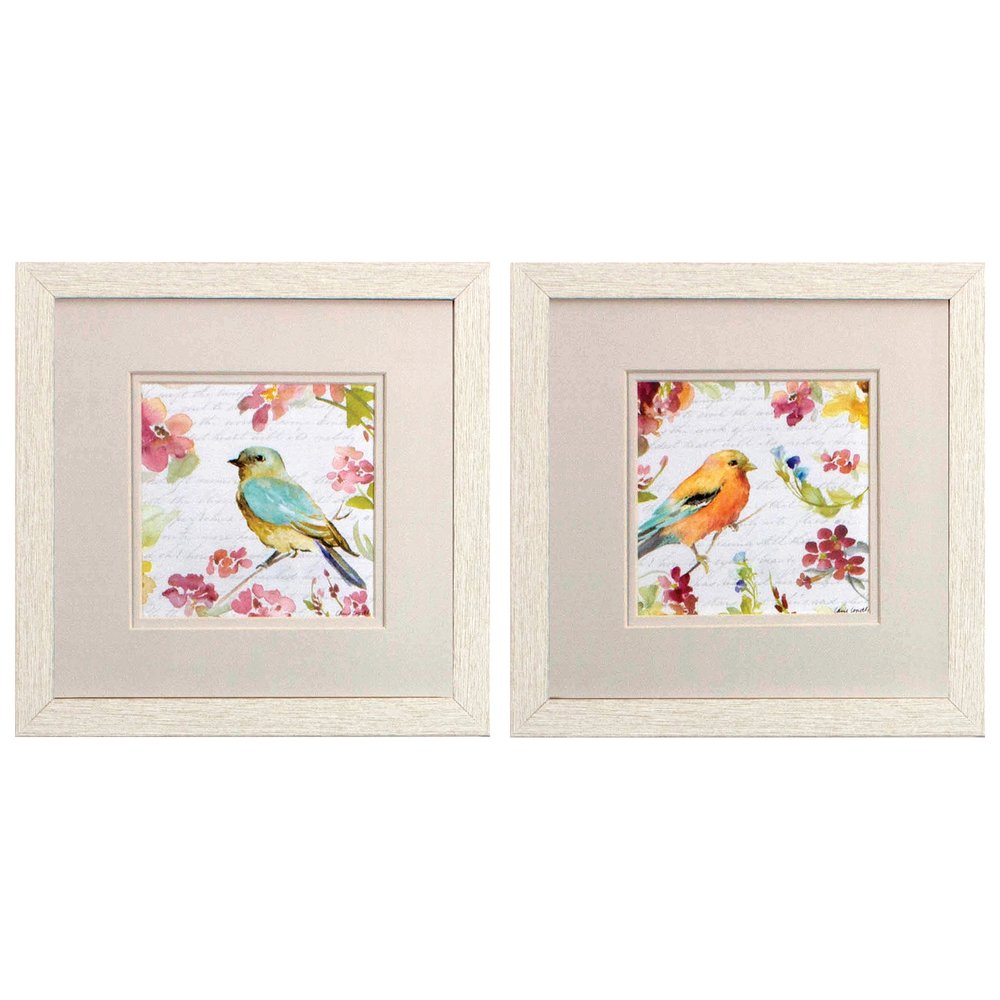Set of Two Green Flower And Bird Square Framed Art
