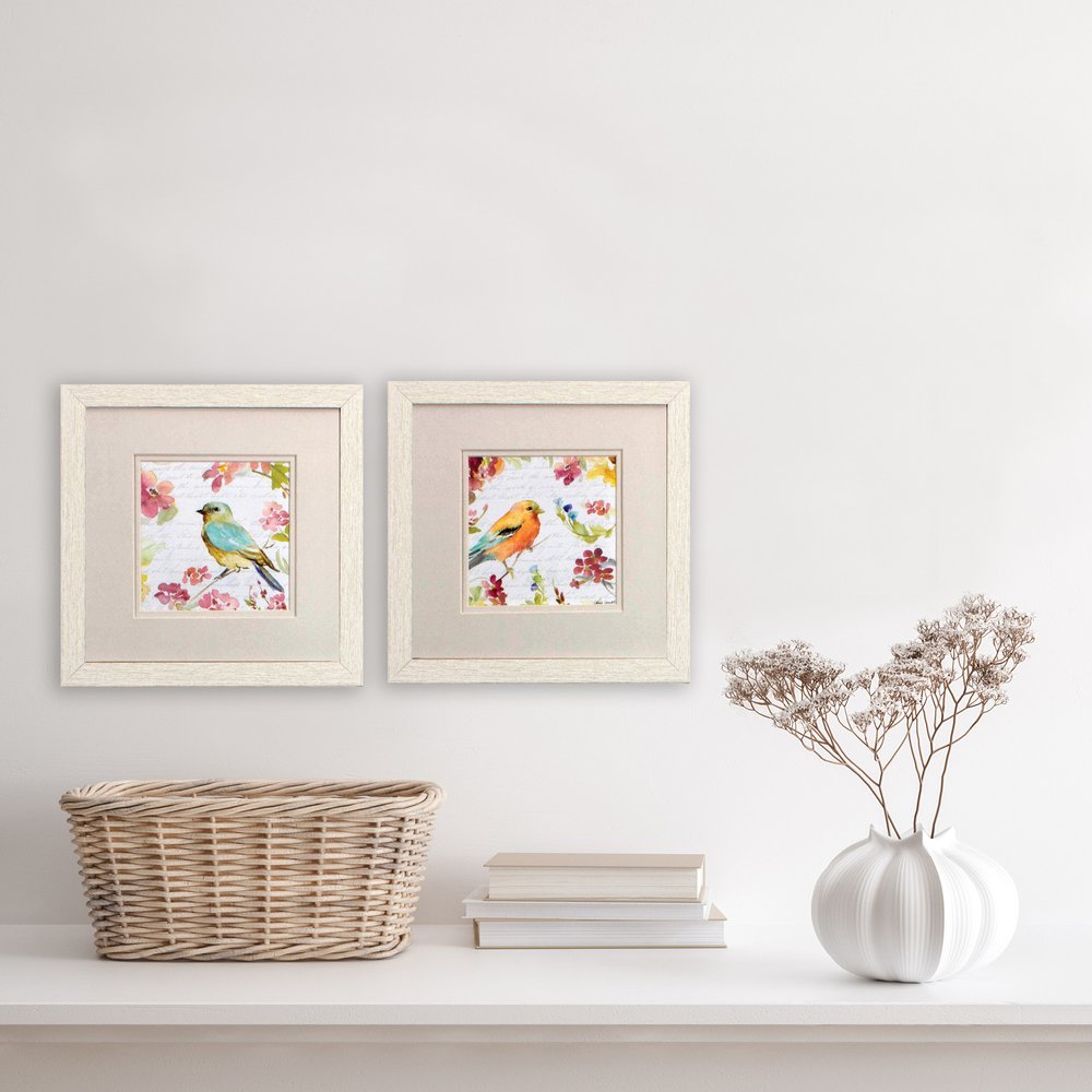 Set of Two Green Flower And Bird Square Framed Art