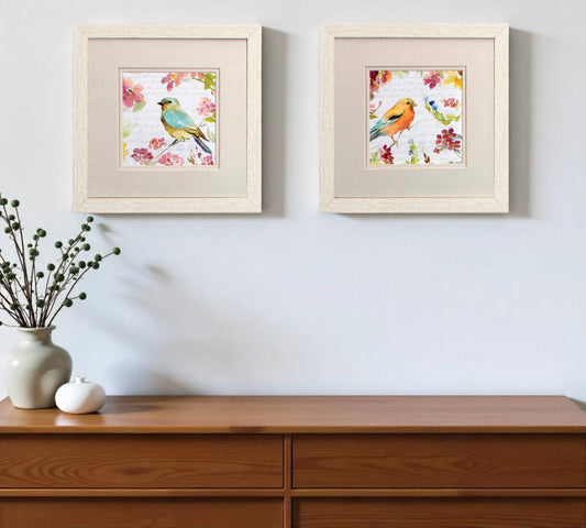 Set of Two Green Flower And Bird Square Framed Art