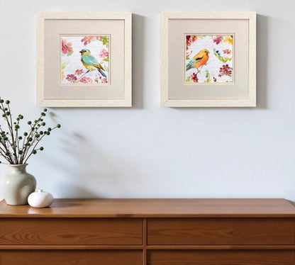 Set of Two Green Flower And Bird Square Framed Art