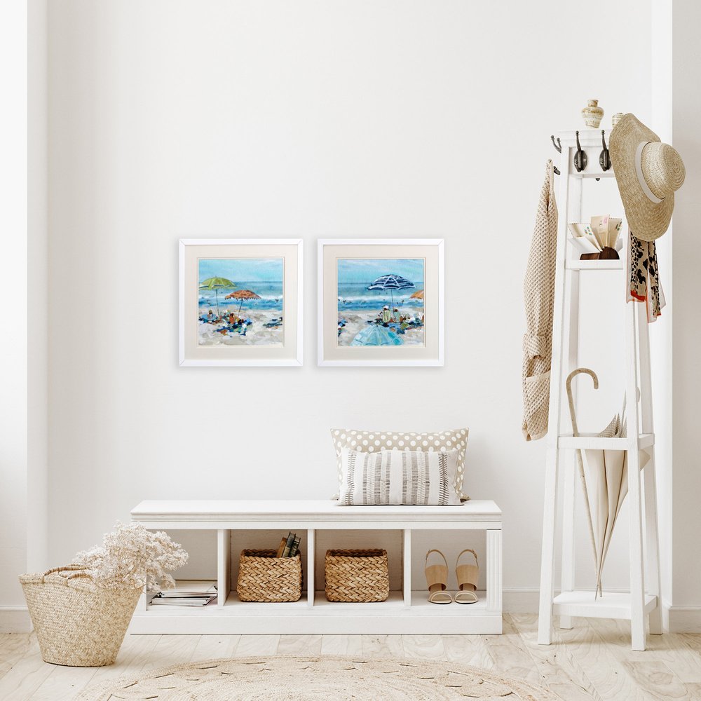 Set of Two Blue Day At The Beach Square Framed Art