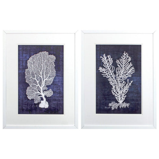 Set of Two Indigo And White Coral Framed Art