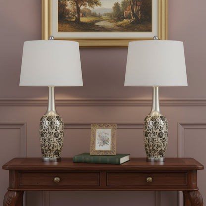 Set Of Two 30" Silver Metal Two Light Bedside Table Lamps With White Globe Shade