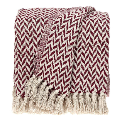 52" X 67" Burgundy And Ivory Cotton Woven Herringbone Throw Blanket with Tassels