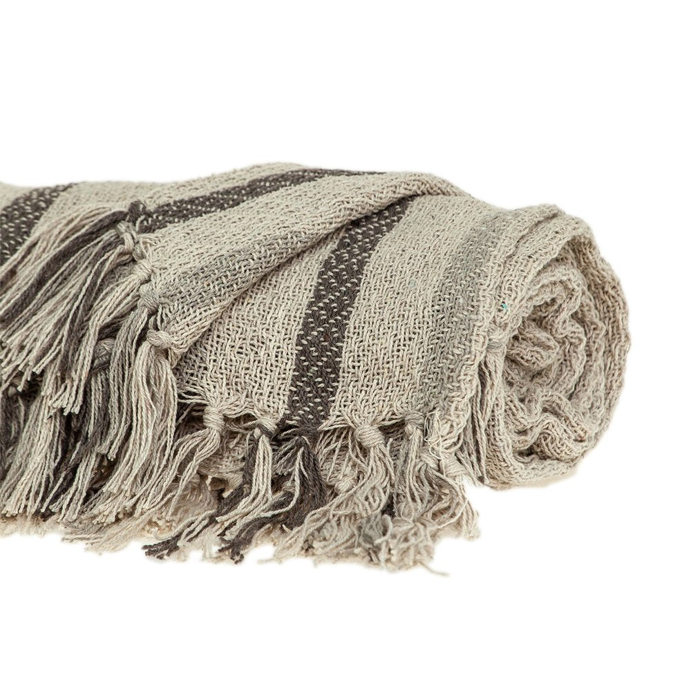 67" X 52" Beige And Taupe Cotton Woven Striped Throw Blanket with Fringe