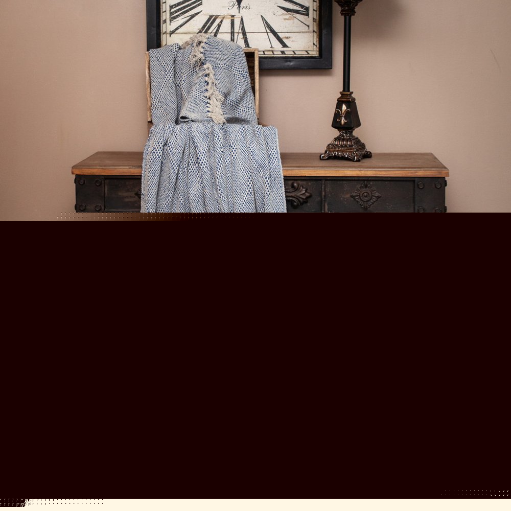 Blue and Beige Woven Handloom Throw with Tassels