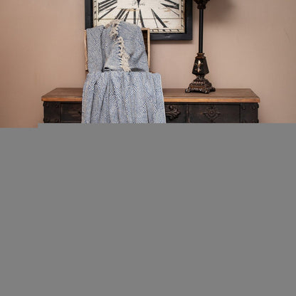 Blue and Beige Woven Handloom Throw with Tassels